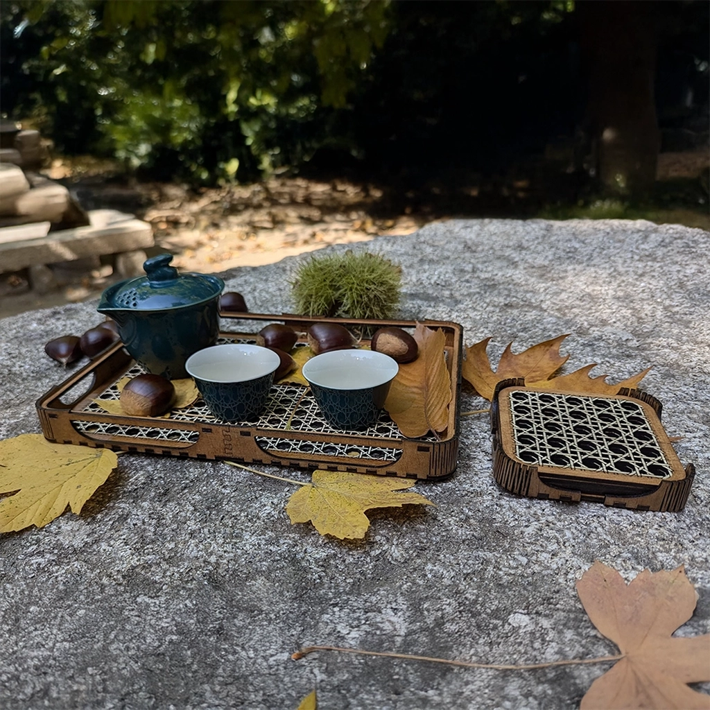 Cane weave Tray with coasters in context 1024x104px