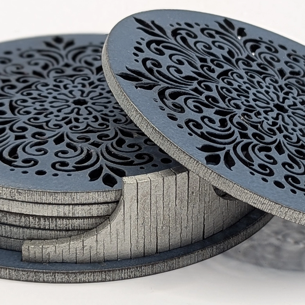 Coasters set - Wheel of Flowers - Ocean blue Silver finish - close-up