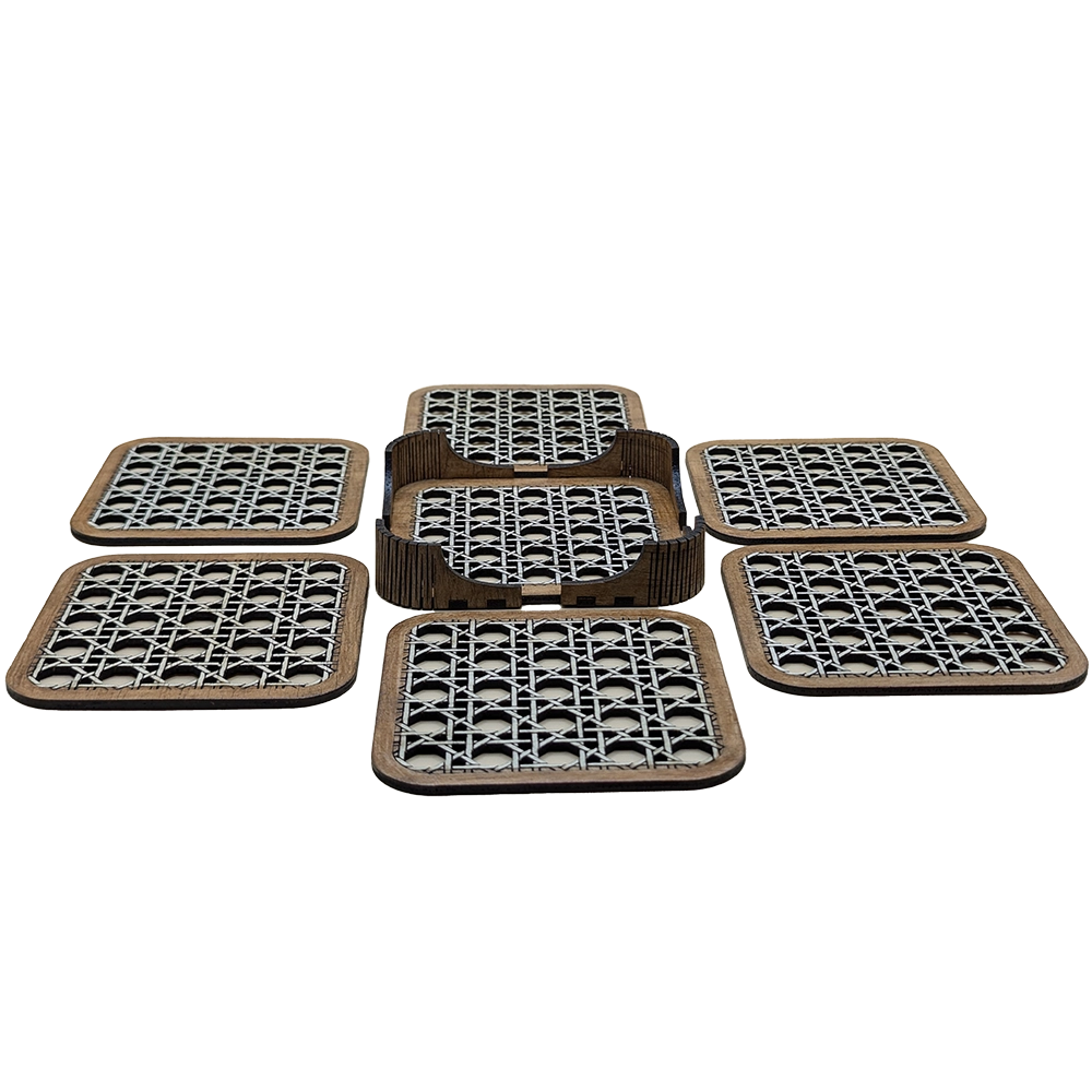 Cane weave style wooden set of 6 coasters